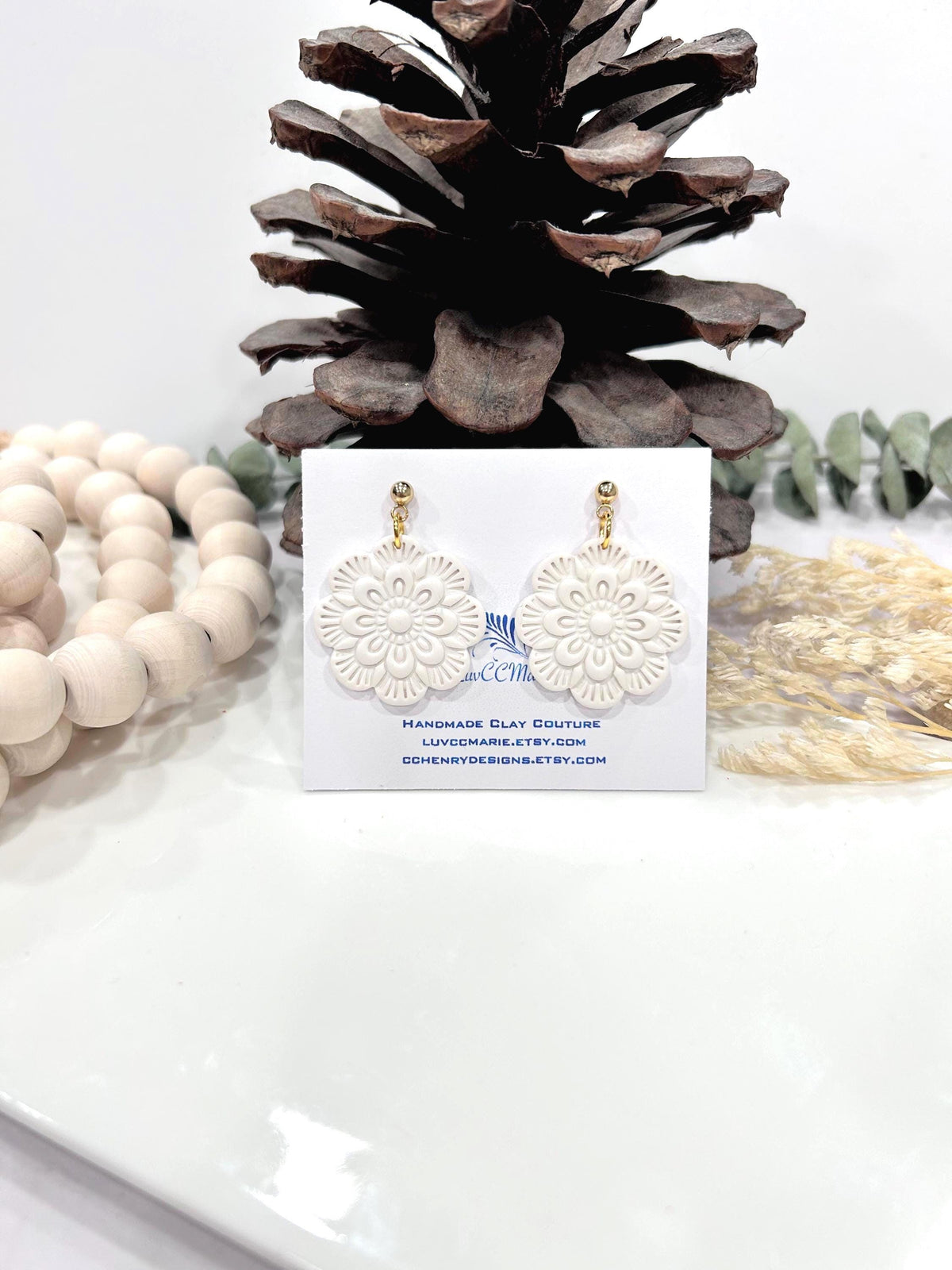 Minimalist Floral Clay Earrings, Creamy White Flower Dangles, Handmade Gift
