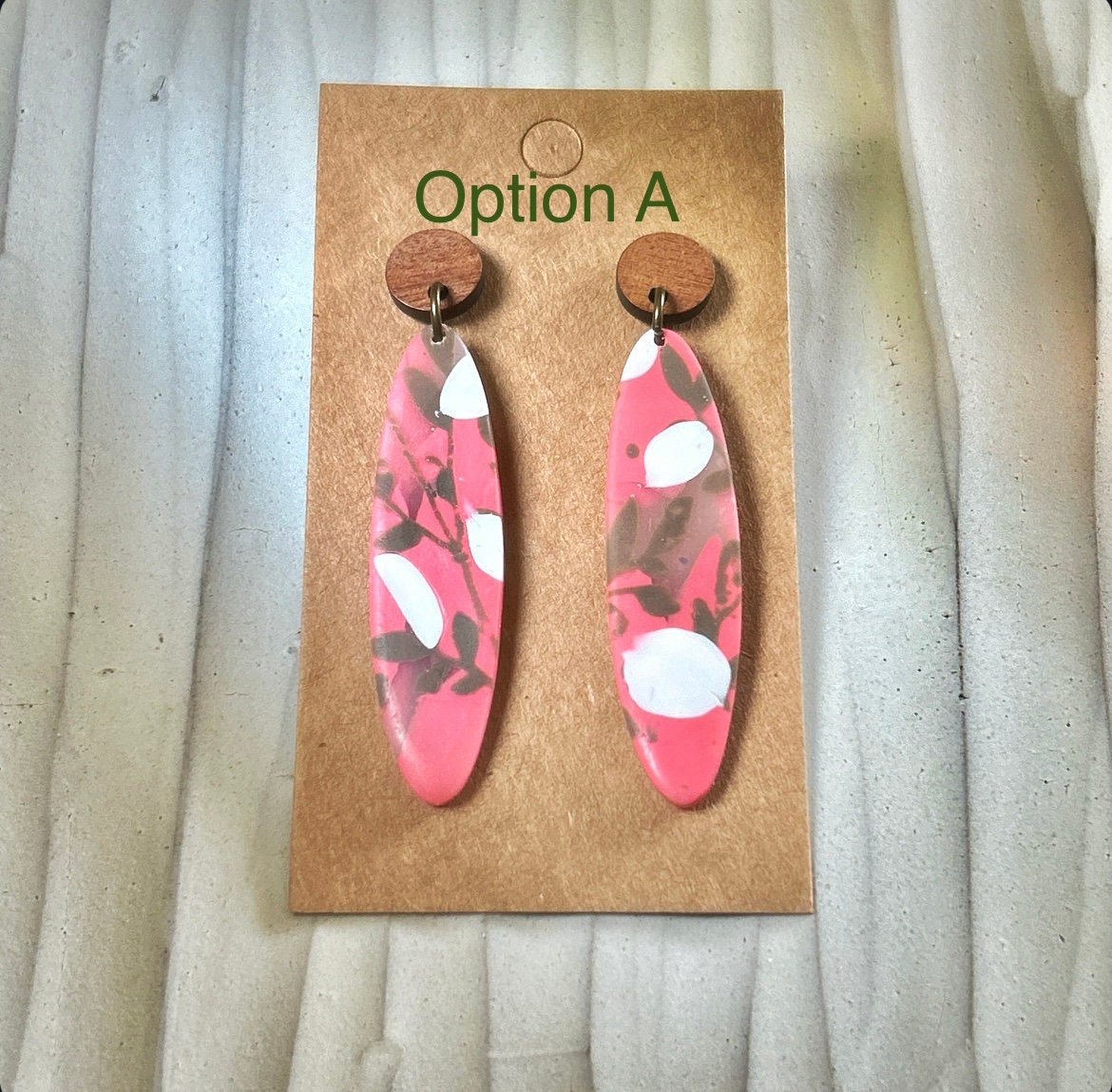 Coral Floral Clay Earrings: Boho Walnut Wood Dangles