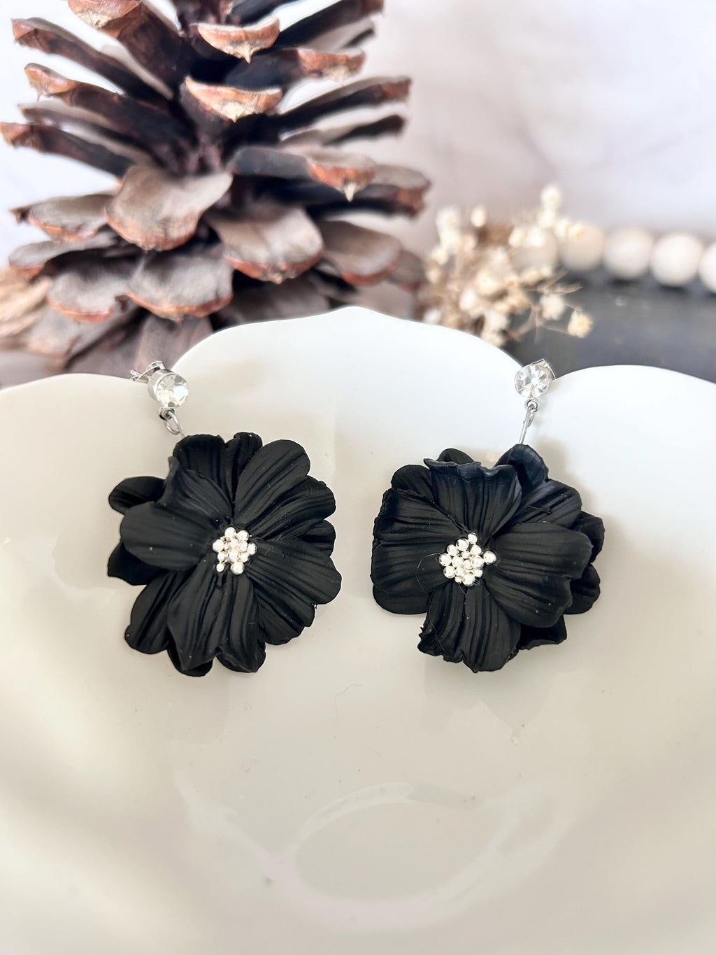 Black Dangle Flower Earrings, Big Floral Drop Dangles, Silver Rhinestone Unique Statement Jewelry Gift
