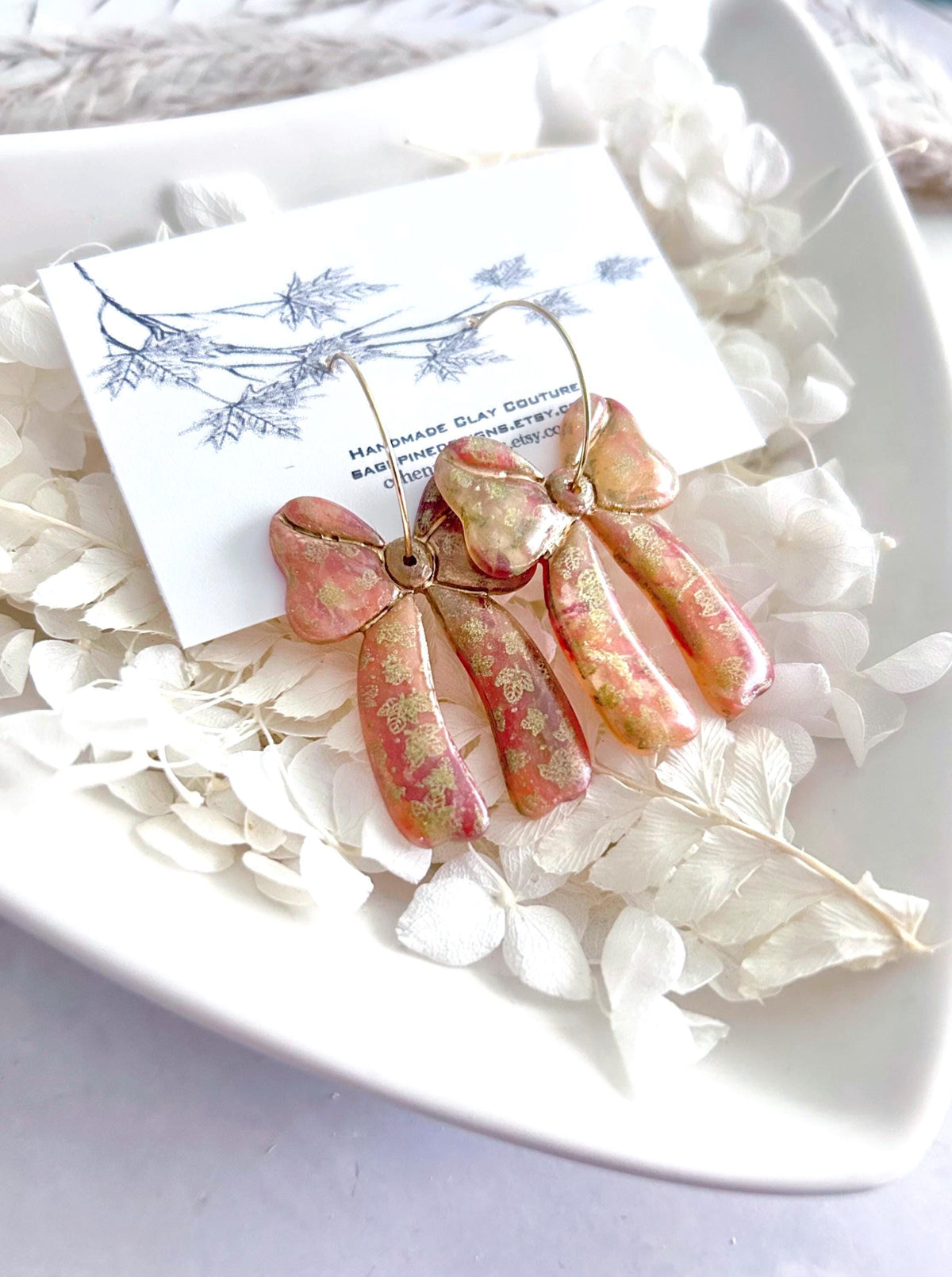 Delicate Falling Leaves Bow Earrings, Autumn tones with Gold Hoops, Boho Clay Handmade Jewelry