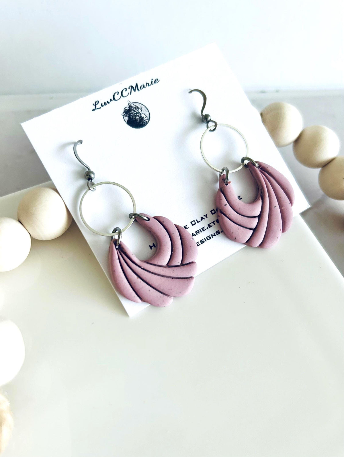 Dusty Pink Handmade Clay Dangle Earrings, Hoop Charm Dangles, Everyday Jewelry