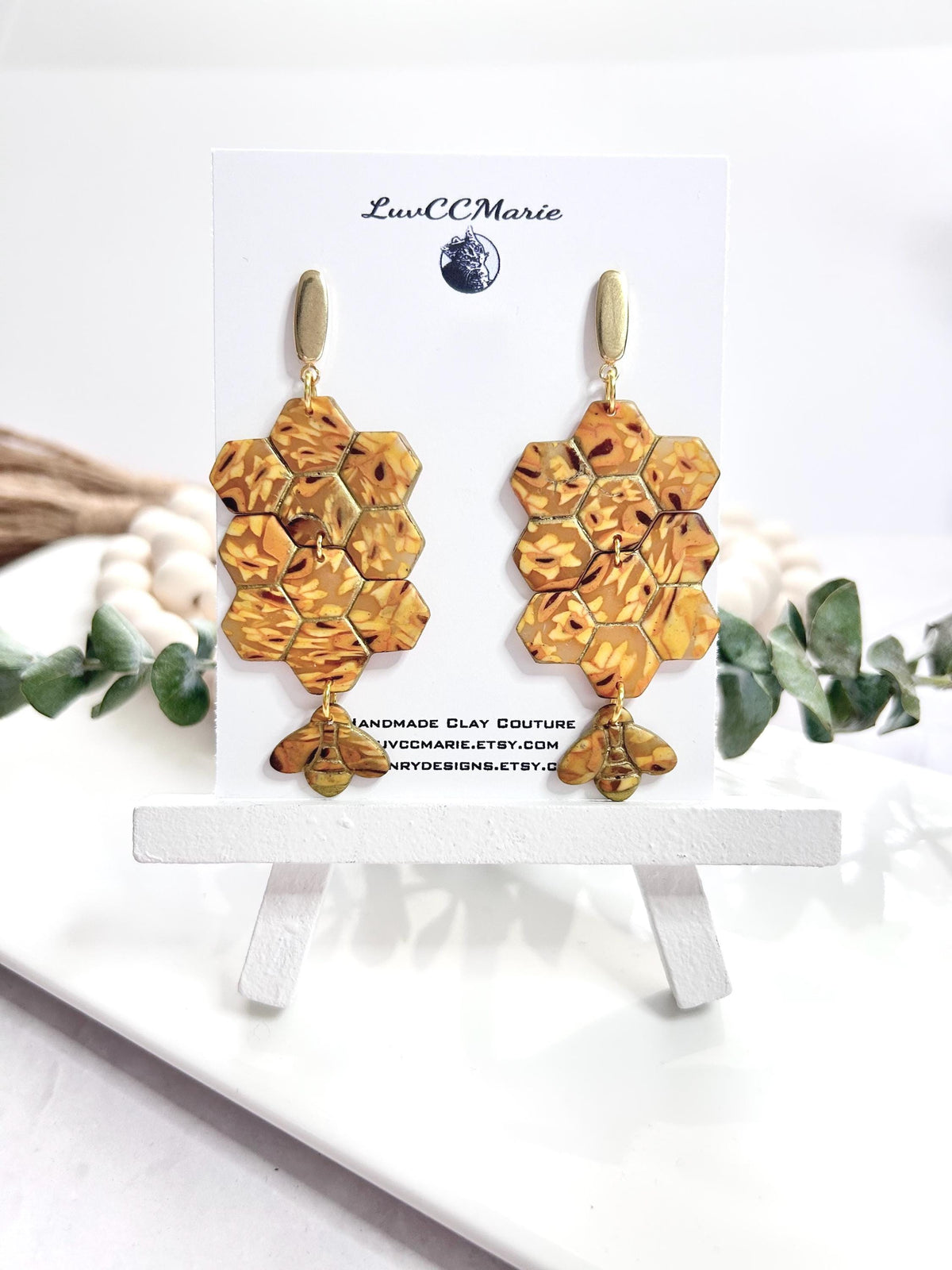 Honey Bee Earrings, Yellow Statement Stud Dangles, Mustard Honeycomb Handmade Clay Jewelry Gift