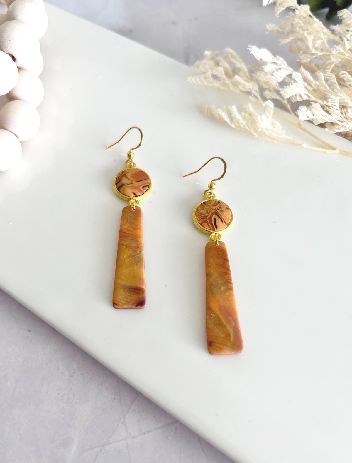 Mustard Yellow Clay Earrings, Abstract Bar Dangles, Long Drop Mid-century Modern Handmade Boho Jewelry