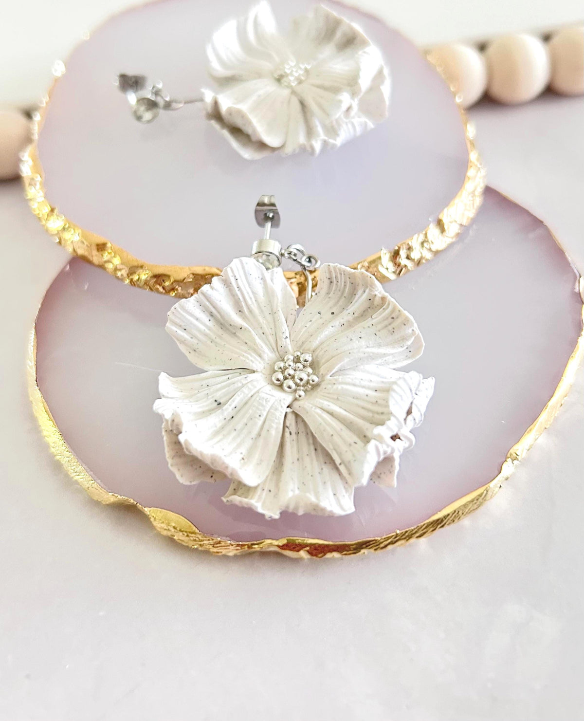 White Dangle Flower Earrings, Big Floral Drop Dangles, Silver Rhinestone Unique Statement Jewelry Gift