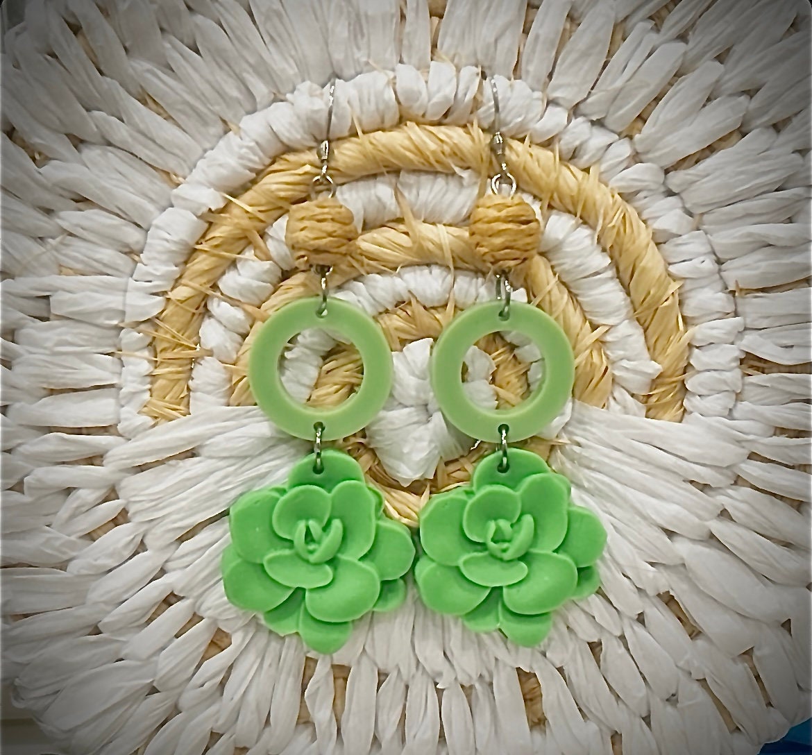 Handmade Clay Succulent Dangle Earrings, Green and Brown Raffia Dangles, Long Lightweight Boho Jewelry