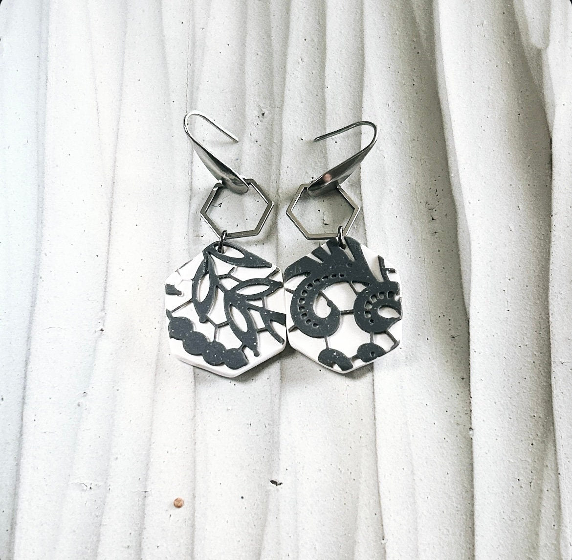 Charcoal Lace Hexagon Hoop Dangle Earrings, Boho Bridal Handmade Jewelry
