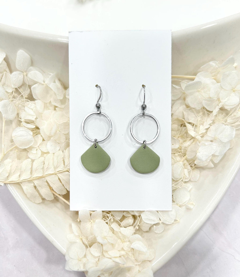 Handmade Sage Green Clay Earrings, Neutral Minimal Hoop Drop Dangles, Boho Jewelry Gift