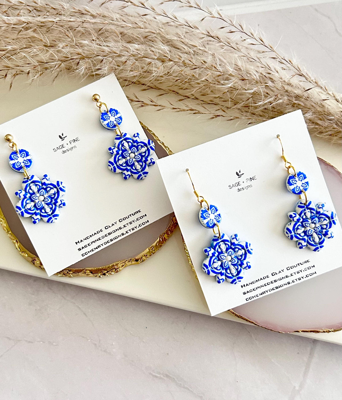 Blue & White Santorini Tile Clay Earrings, Flower Drop Dangles, Athens Jewelry Mediterranean Gift
