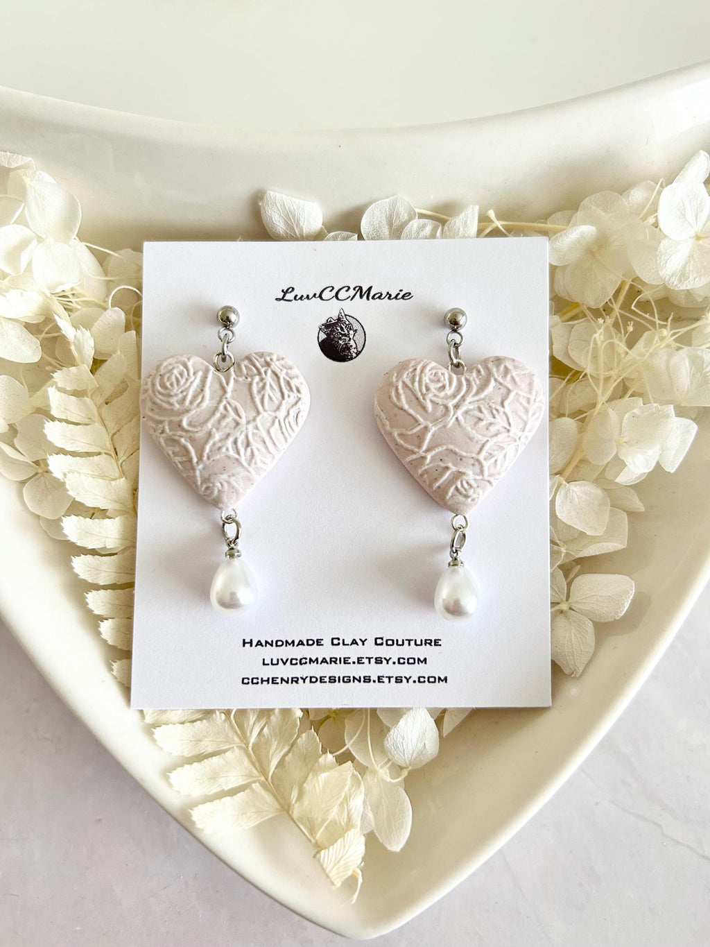 Blush Pink Wedding Earrings, White Pearl Bridal Dangles, Handmade Jewelry Gift For Bride