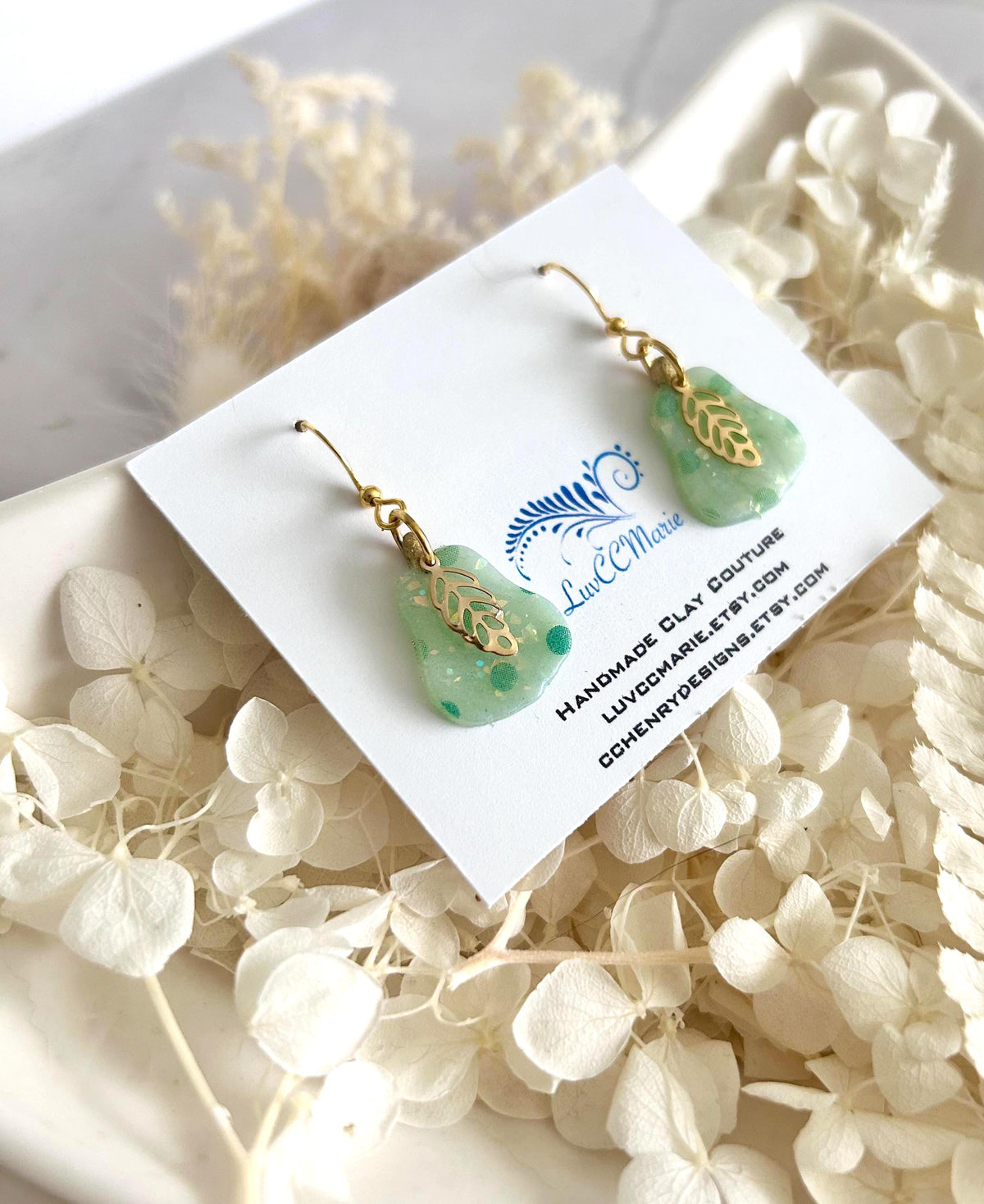Mint Green Polka Dot Pear Clay Earrings, Pastel Opal Dangles, Handmade Fashion Boho Jewelry