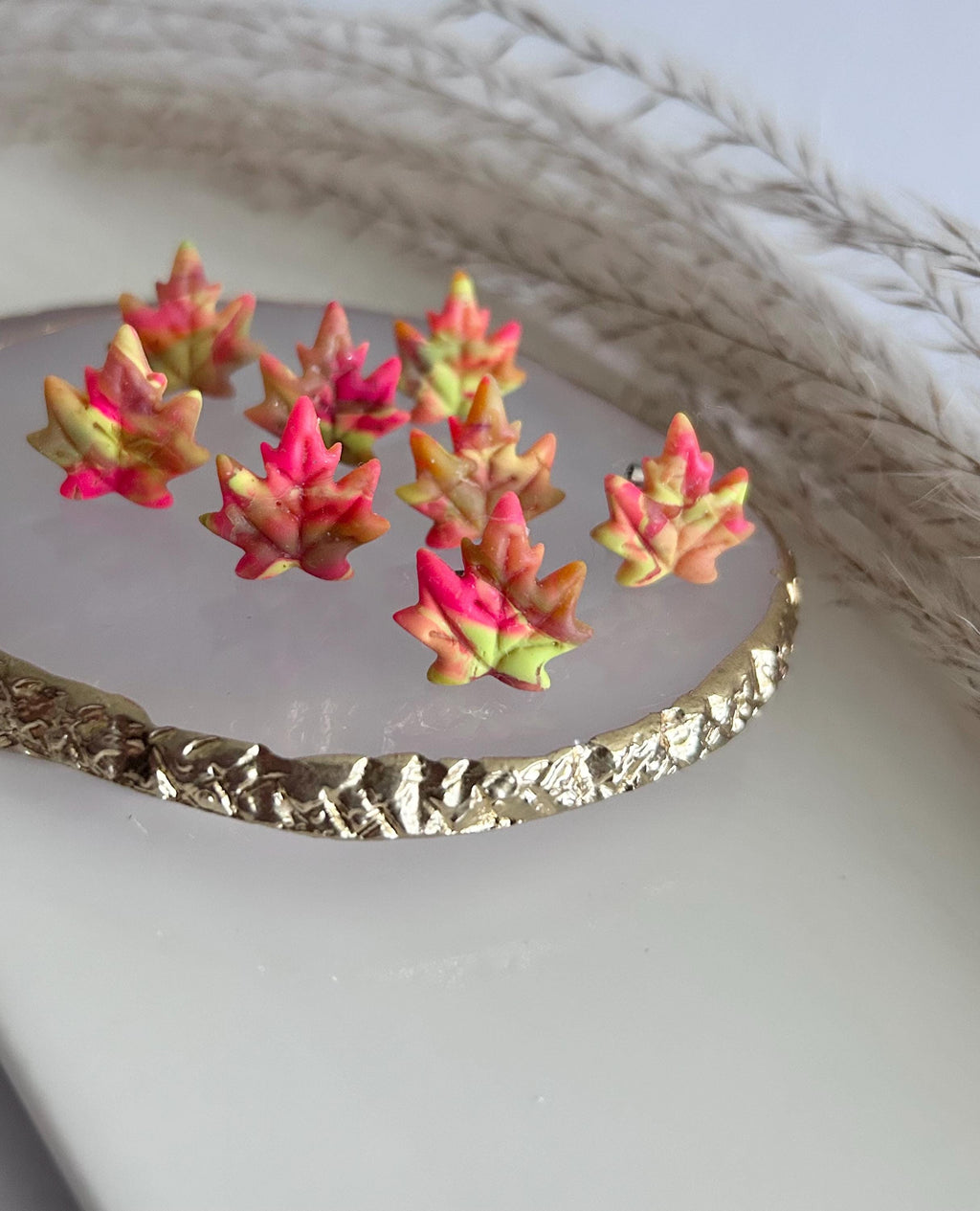 Fall Neon Stud Earrings, Maple Leaf Clay Studs, Handmade Multicolor Leaves Jewelry