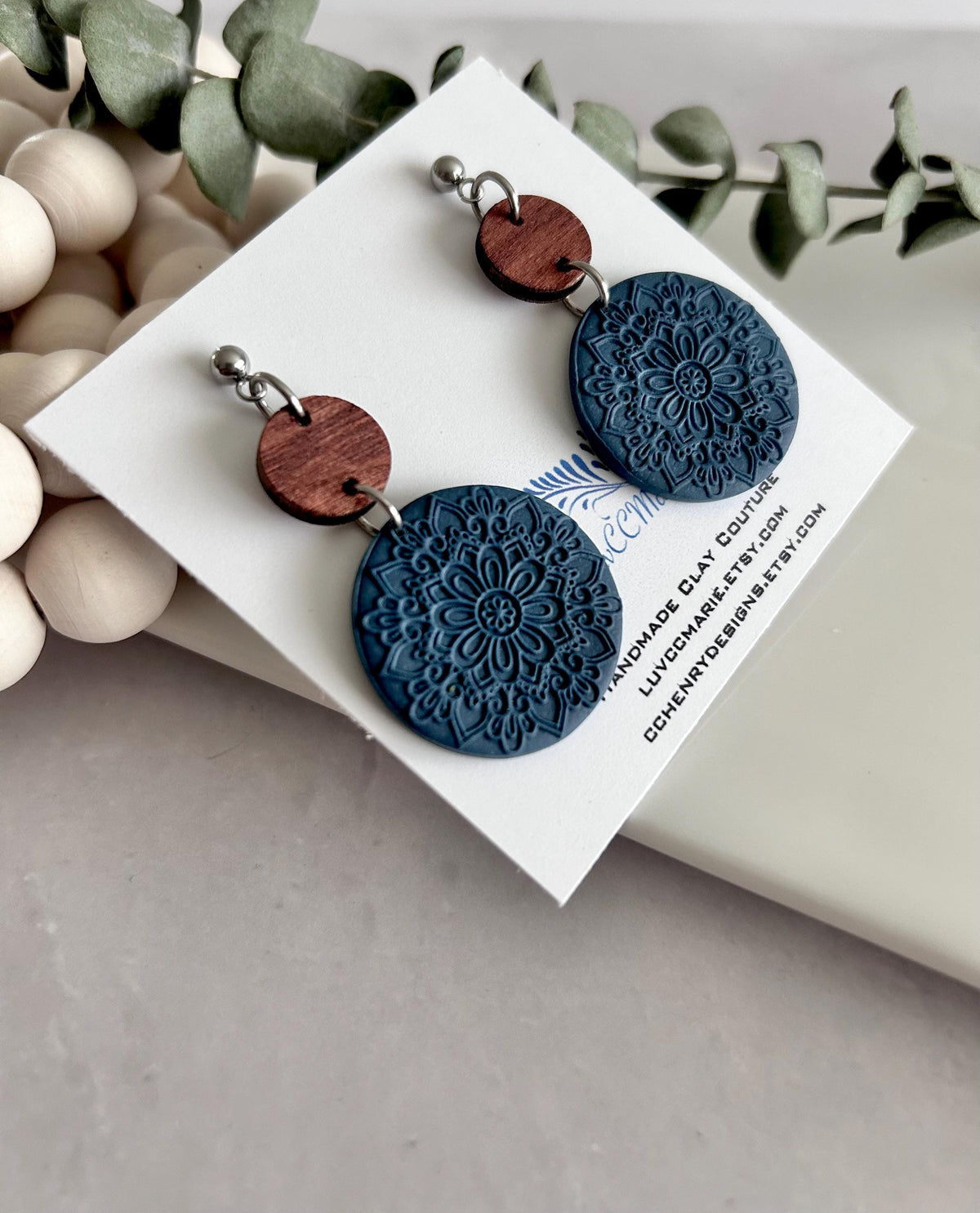 Burgundy Earrings, Embossed Floral Clay Dangles, 18k Gold Fall Jewelry, Brown Wood Handmade Lightweight