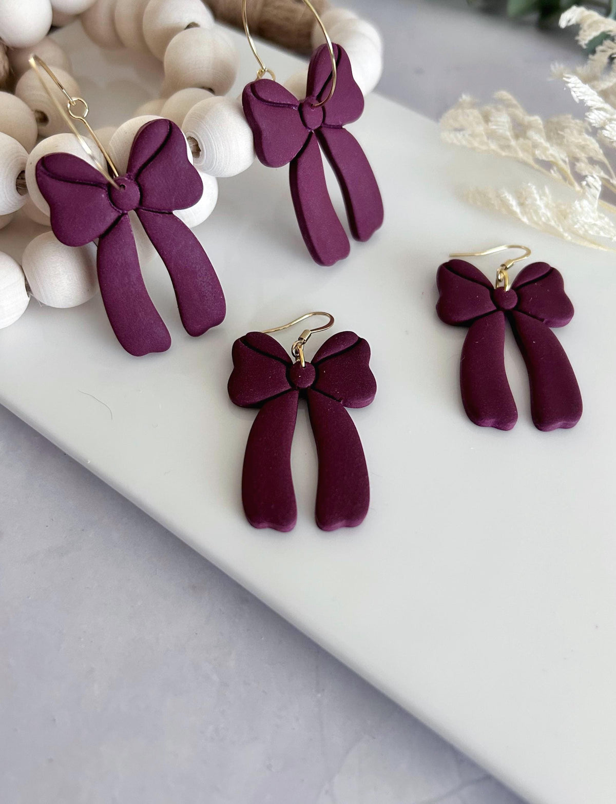 Dark Burgundy Bow Earrings, Fall Statement Hoop Dangles, Maroon Boho Clay Handmade Jewelry
