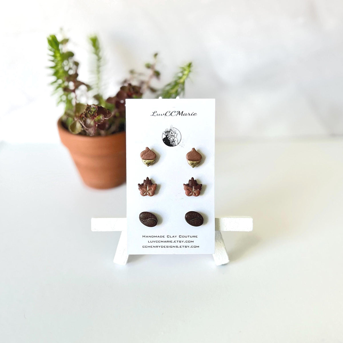 Autumn Stud Acorn Earrings, Maple Leaf Clay Post Set, Coffee Bean Jewelry, Handmade Jewelry