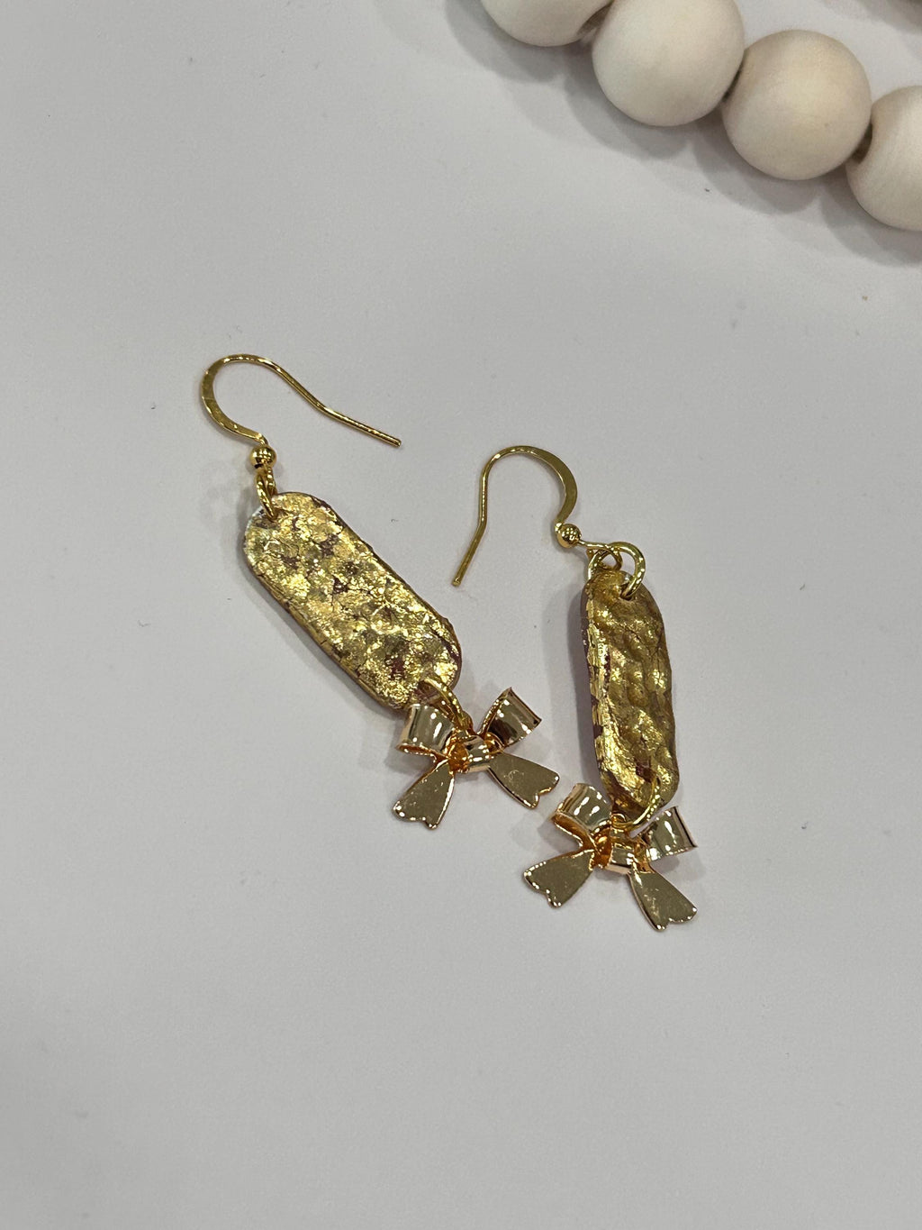 Hammered Gold Clay Bow Earrings, Stainless Steel Bar Drop Dangles, Handmade Jewelry