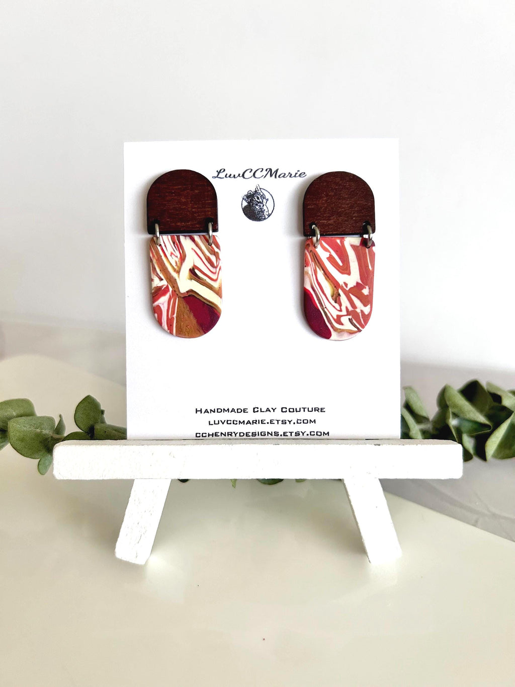 Dark Burgundy Red Clay Earrings, Terracotta Marbled Wood Dangles, Handmade Fashion Boho Jewelry