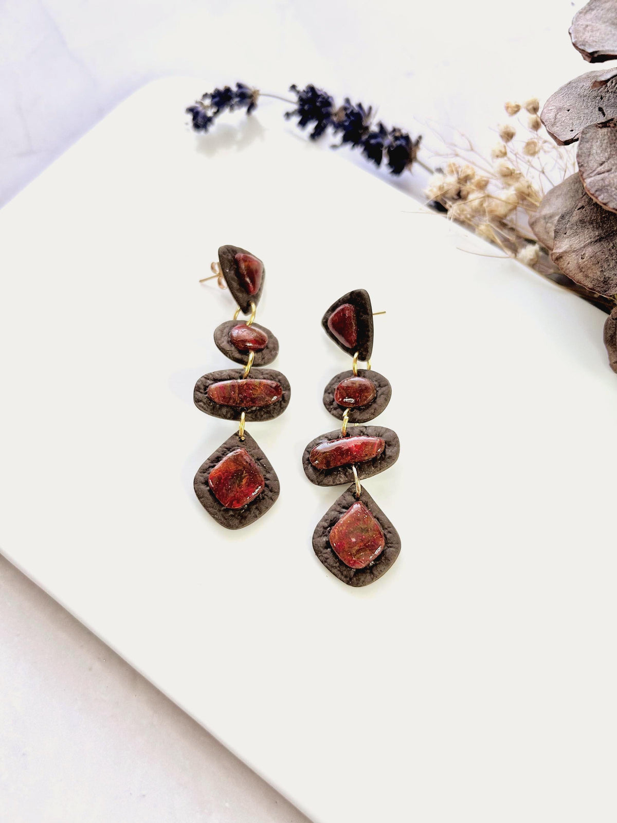 Red and Brown Marbled Stone Clay Earrings, Long Geometric Stud Dangles, Lightweight Hypoallergenic