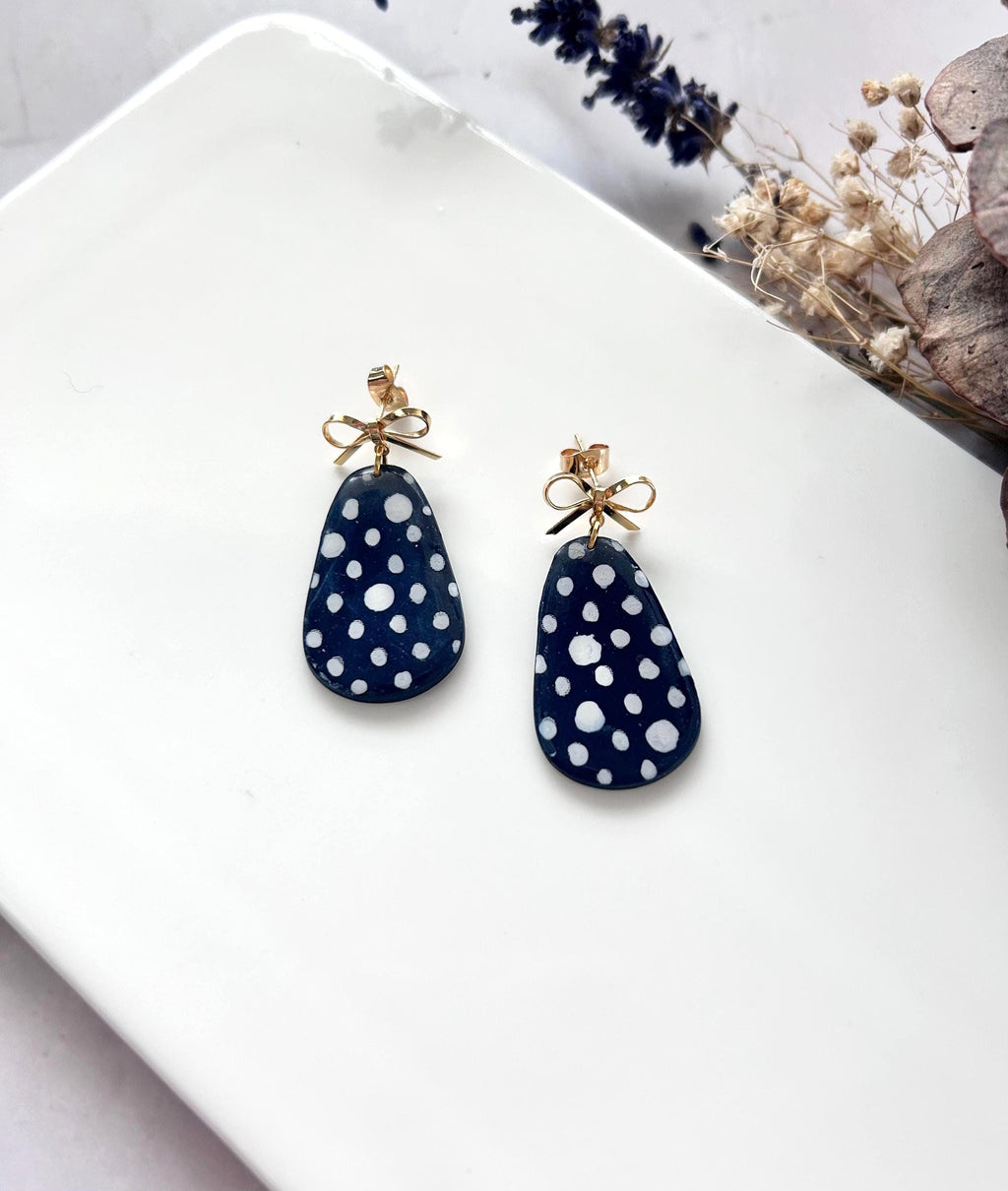 Hand Painted Navy Blue & White Polka Dot Earrings, Gold Bow Drop Dangles, Handmade Jewelry