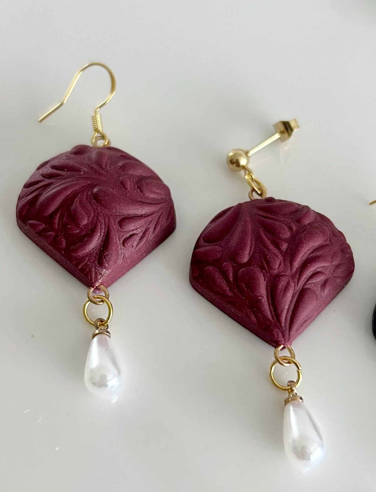 Dark Red or Matte Black Pearl Earrings, Clay and Gold Floral Jewelry Handmade Gift