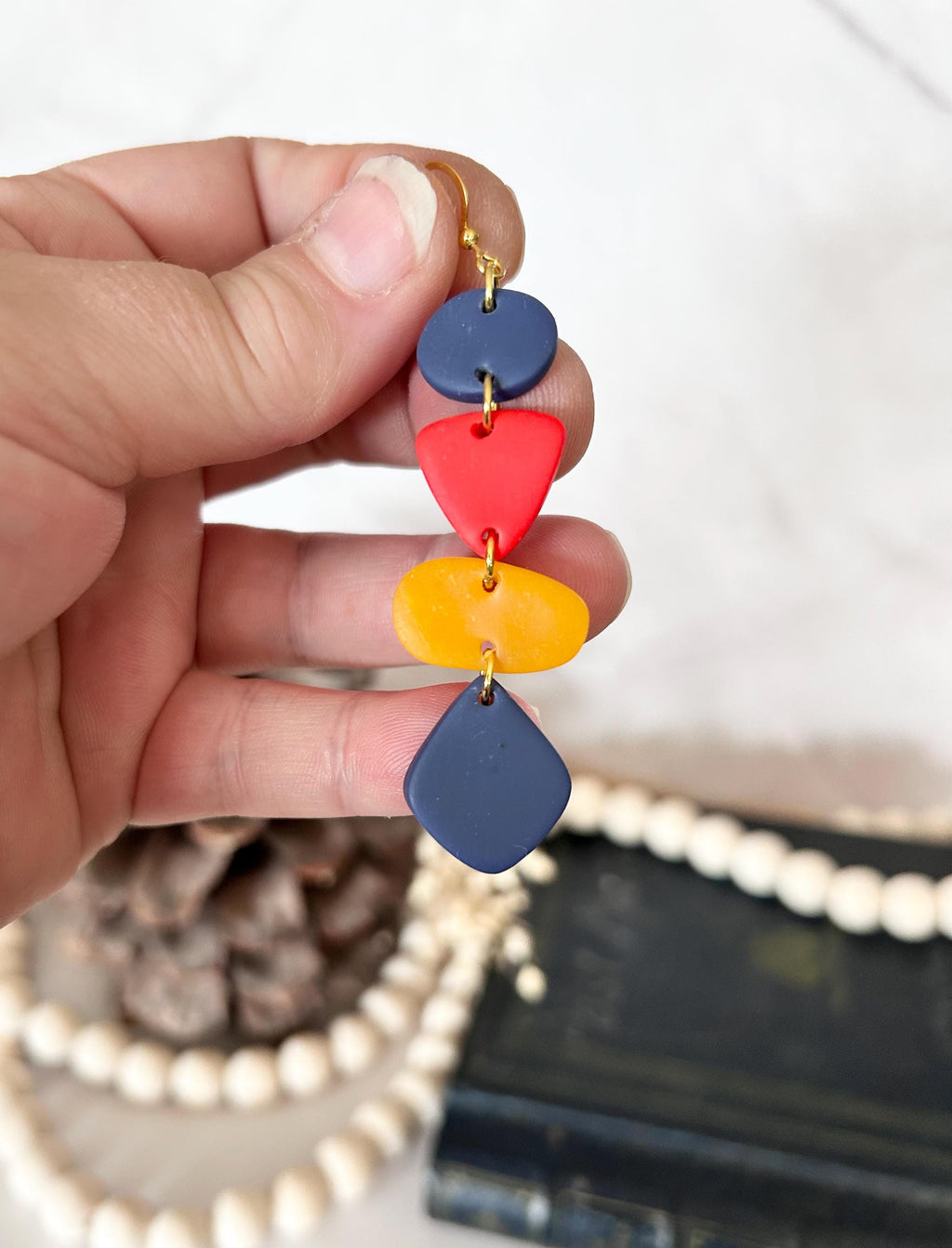 Multicolor Polymer Clay Geometric Earrings, Navy Orange Red, Handmade Fashion Jewelry Gift