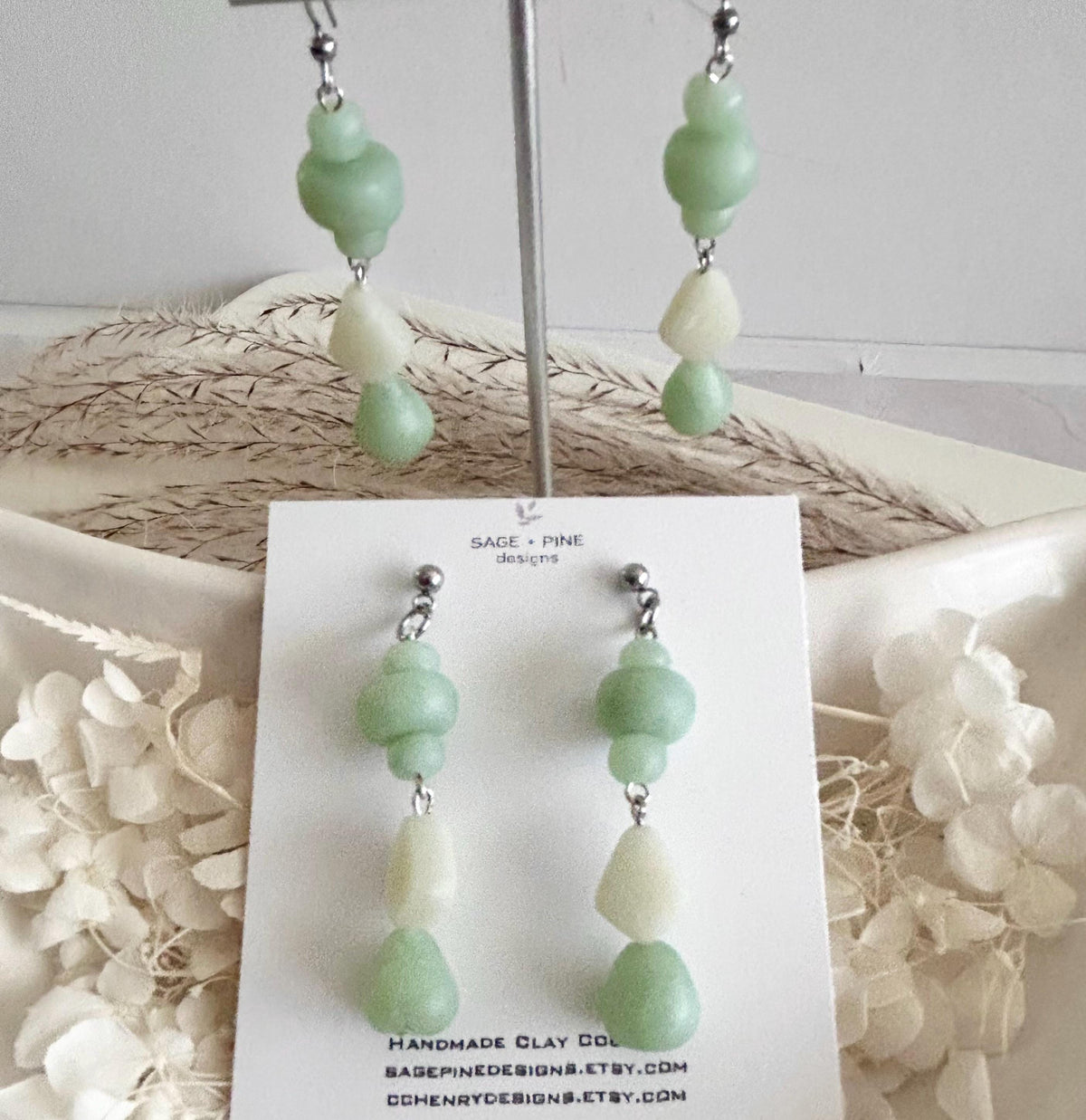 Jade Mint Beaded Dangles, Clay Drop Long Earrings, Light Green Modern Unique Handmade Jewelry