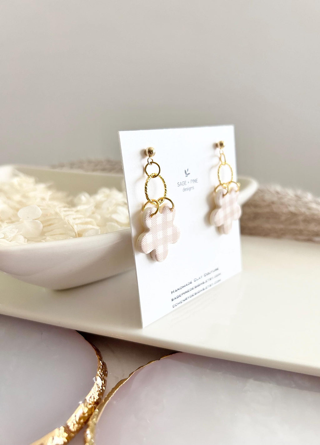 Yellow and Gold Daisy Gingham Clay Earrings, Plaid Dangles, Lightweight Hypoallergenic