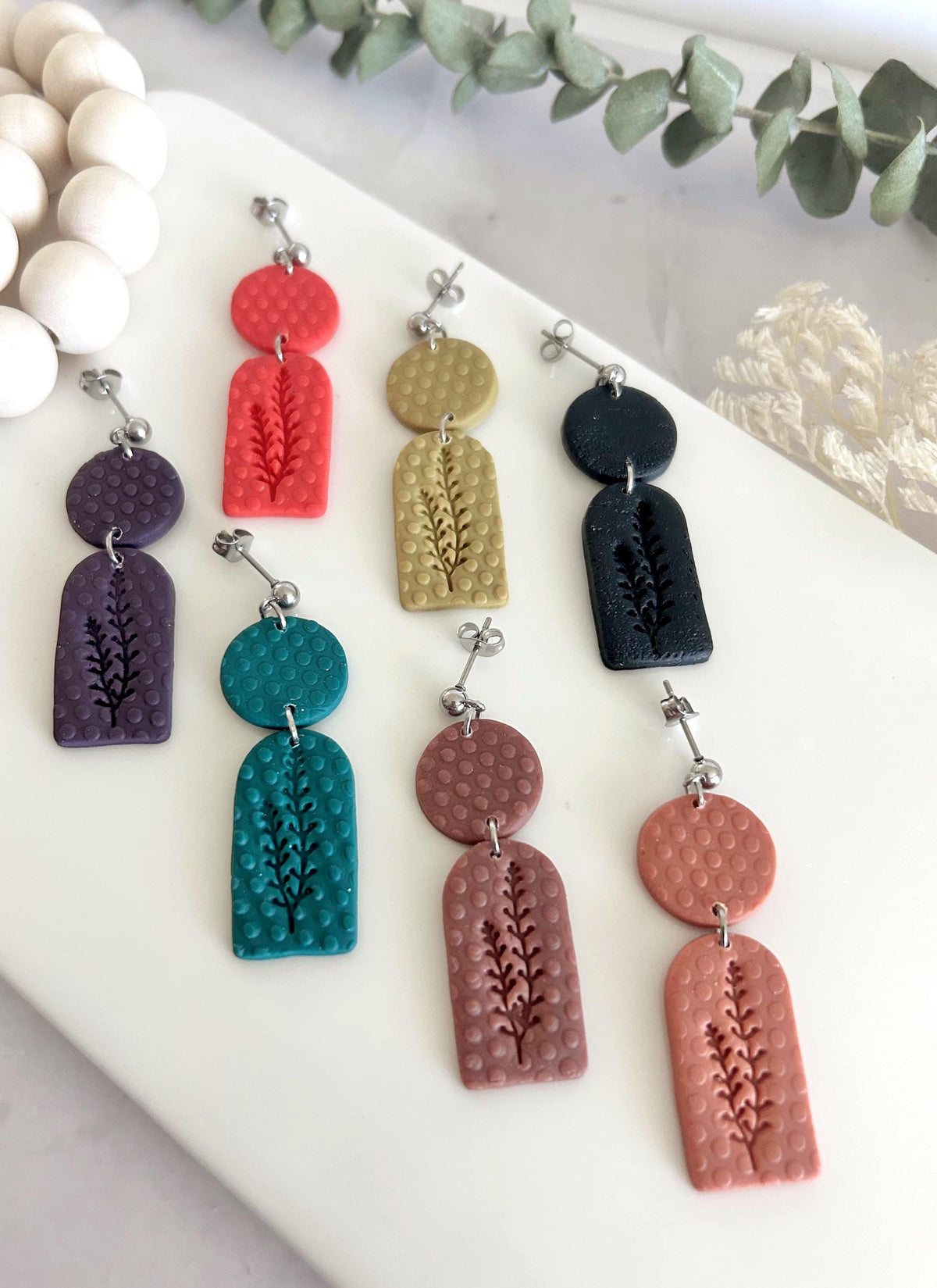 Polka Dot Botanical Clay Dangle Earrings, Handmade Art Jewelry Gift