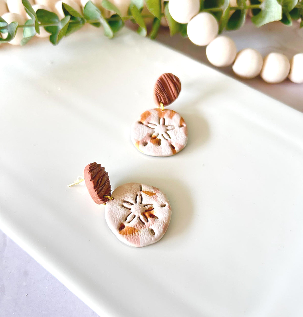 Sand Dollar Beach Earrings, Terracotta White Seashell Dangles, Handmade Clay Coastal Vacation Jewelry Gift