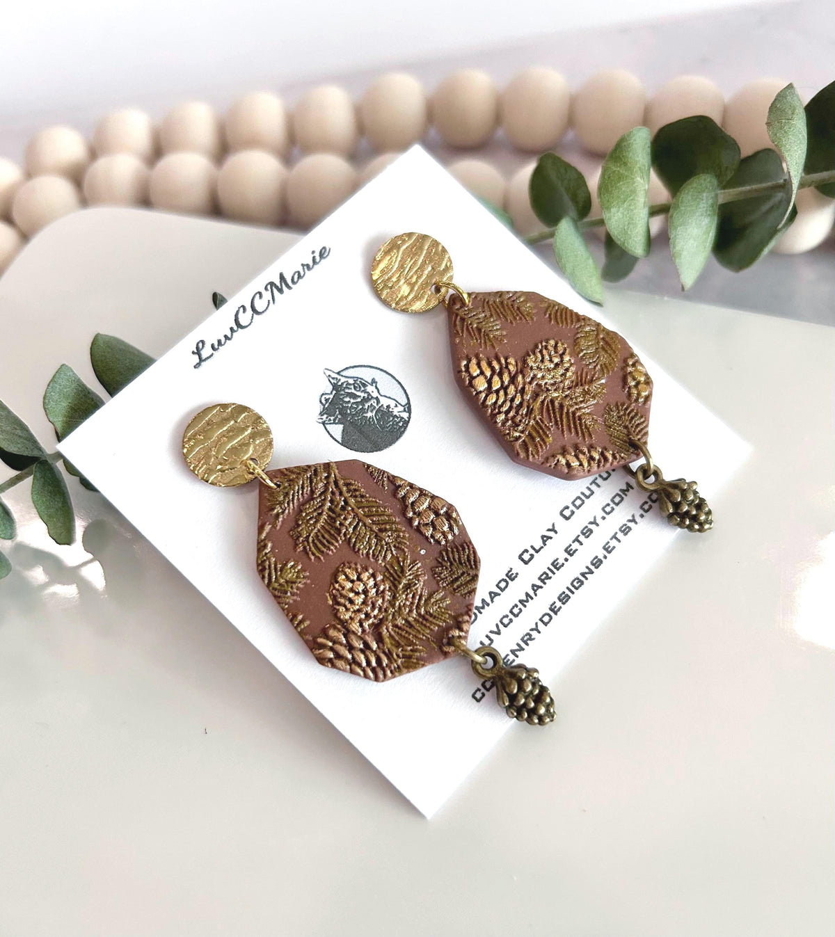 Brown and Gold Fall Earrings, Pine Cone Handmade Dangles, Clay & Bronze, Autumn Jewelry Gift