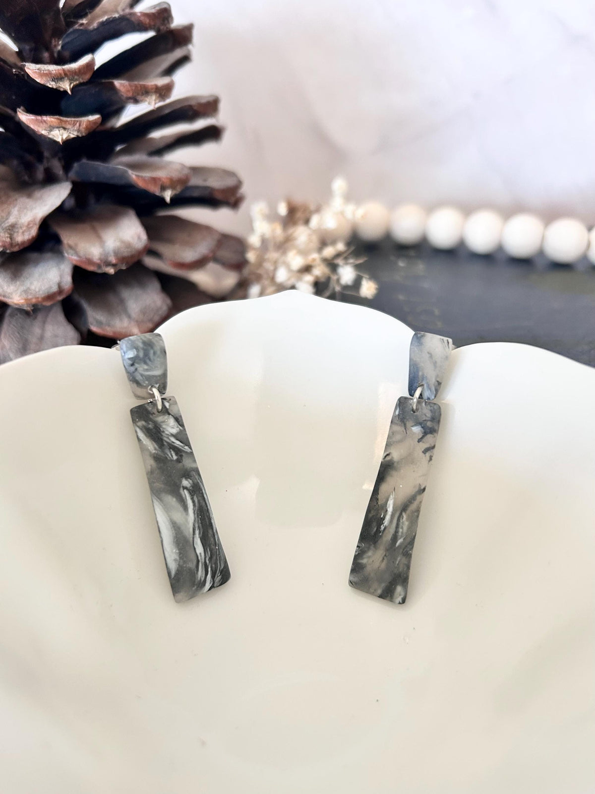 Dark Gray Earrings, Smokey Grey Dangles, Marbled Handmade Clay Bar Earrings