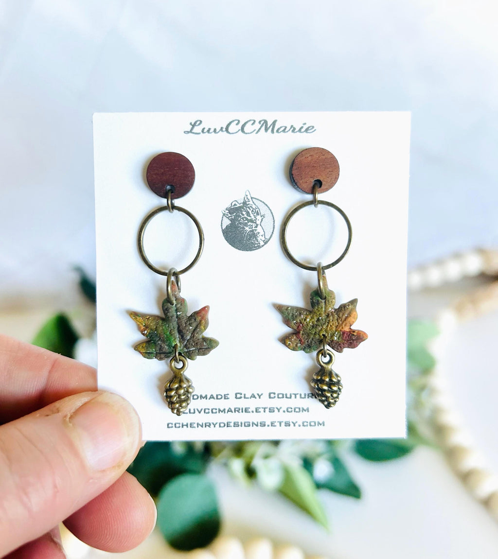 Watercolor Leaf Clay Earrings, Pine Cone Dangles: Walnut and Bronze Boho Jewelry