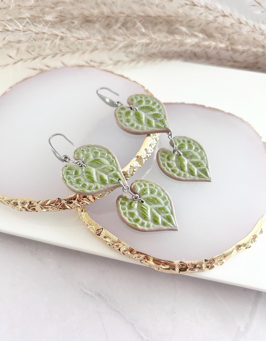 String of Hearts Leaf Earrings, Olive Pink Leaf Dangles, Clay Drop Houseplant Jewelry