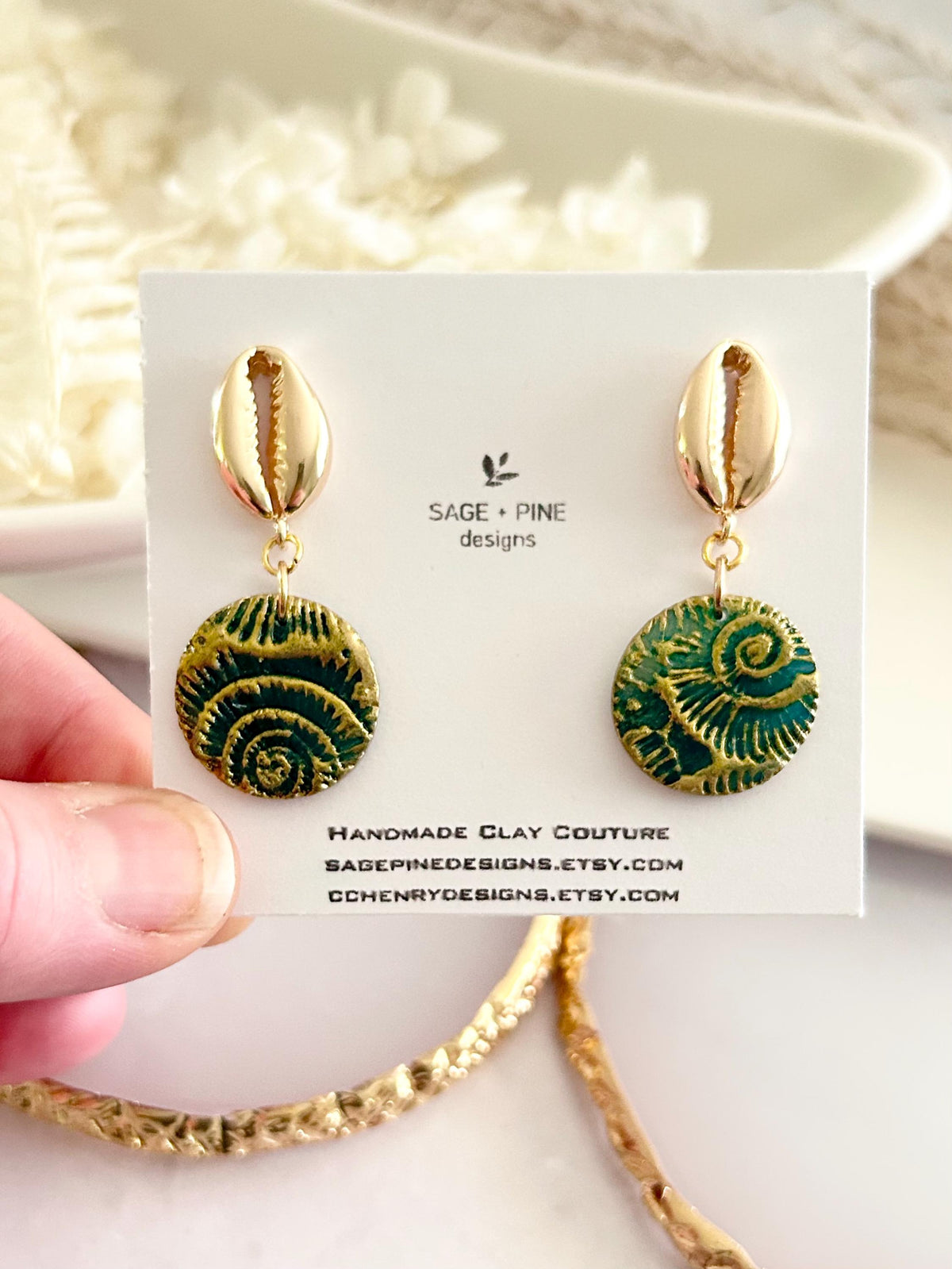 Seashell Cowrie Pearl Earrings, Coastal Vacation Faux Ammonite Drop Dangles, Handmade Clay Jewelry