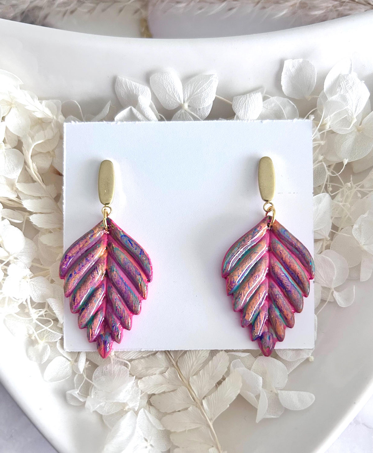 Hand Painted Leaf Earrings, 24k Gold Multicolor Earrings, Colorful Ceramic Clay Dangles, Hypoallergenic Clay Lightweight Jewelry
