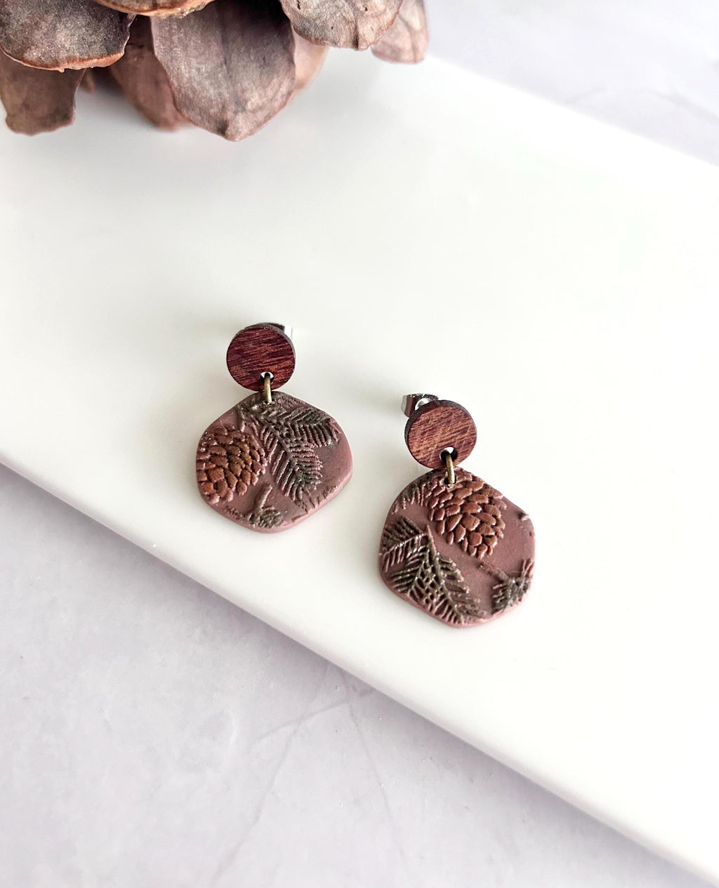 Pine Bough Clay and Wood Dangle Earrings, Fall Pinecone Walnut Stud Boho Jewelry