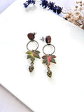 Maple Leaf Clay Earrings, Bronze and Wood Pine Cone Dangles, Handmade Multicolor Fall Jewelry