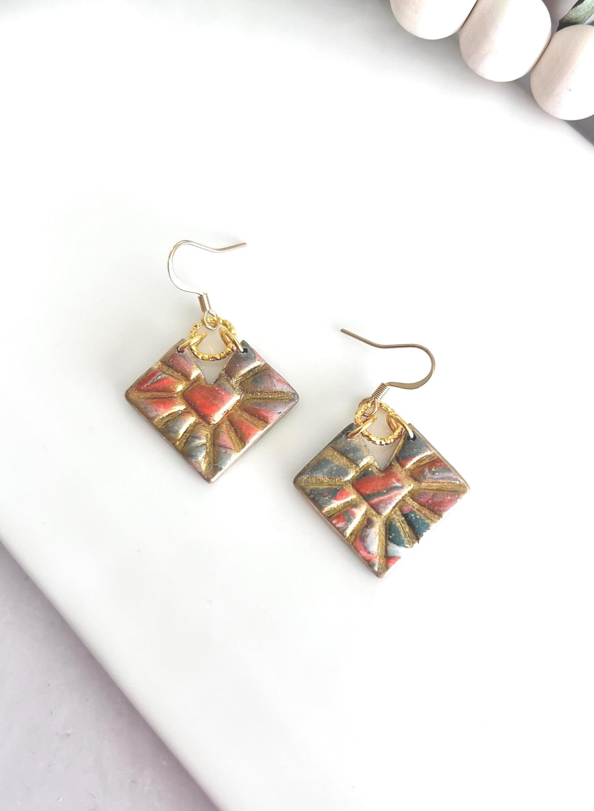 Green and Gold Marbled Geometric Hoop Dangles, Bright Orange Clay Earrings, Handmade Jewelry