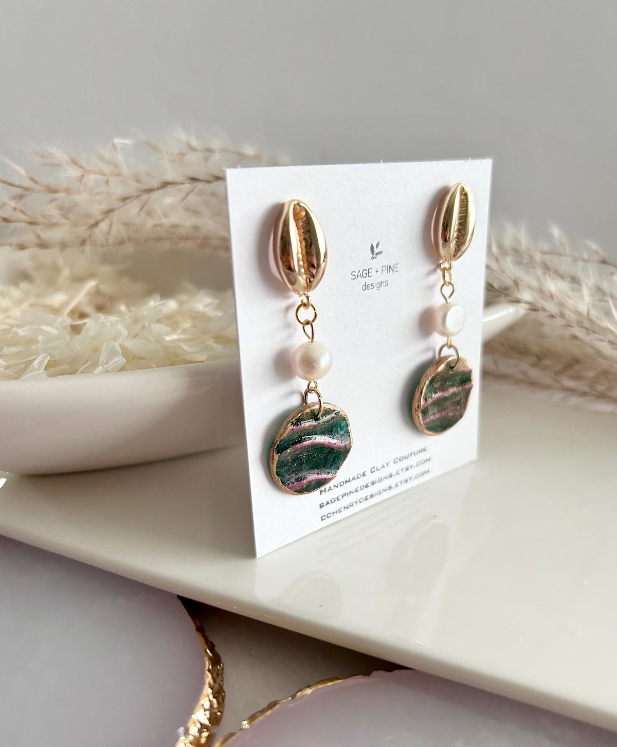 Seashell Cowrie Pearl Earrings, Coastal Vacation Faux Abalone Drop Dangles, Handmade Clay Jewelry