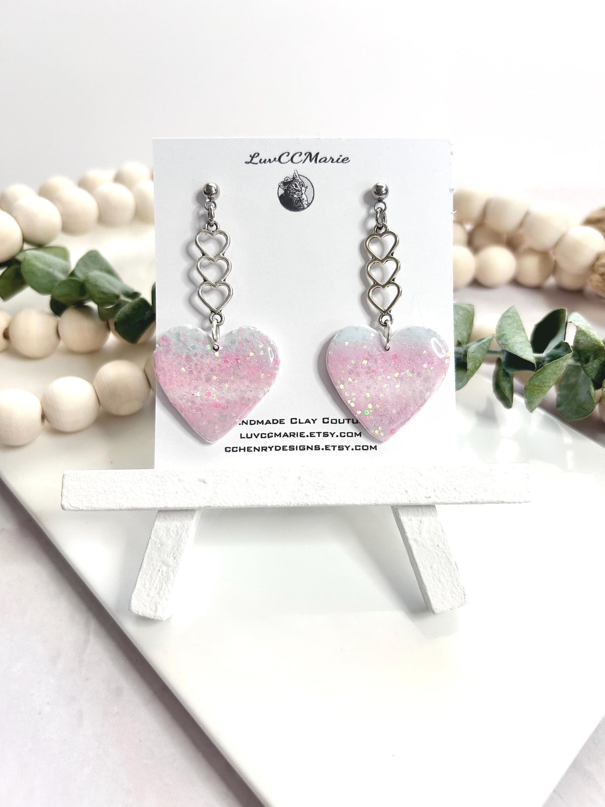 Trans Pride Heart Dangle Earrings: Holo Glitter Clay Boho Jewelry