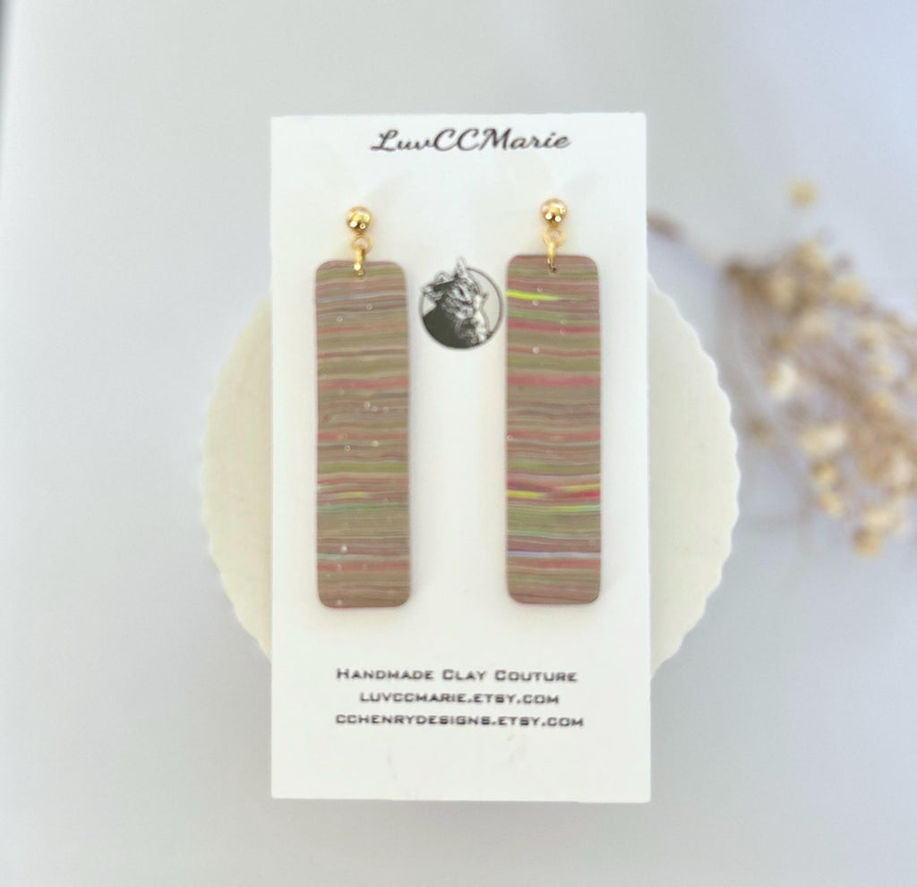 Multicolor Long Dangle Earrings, Rainbow Striped Modern Drop Bar Dangles, Colorful Handmade Clay Everyday Jewelry