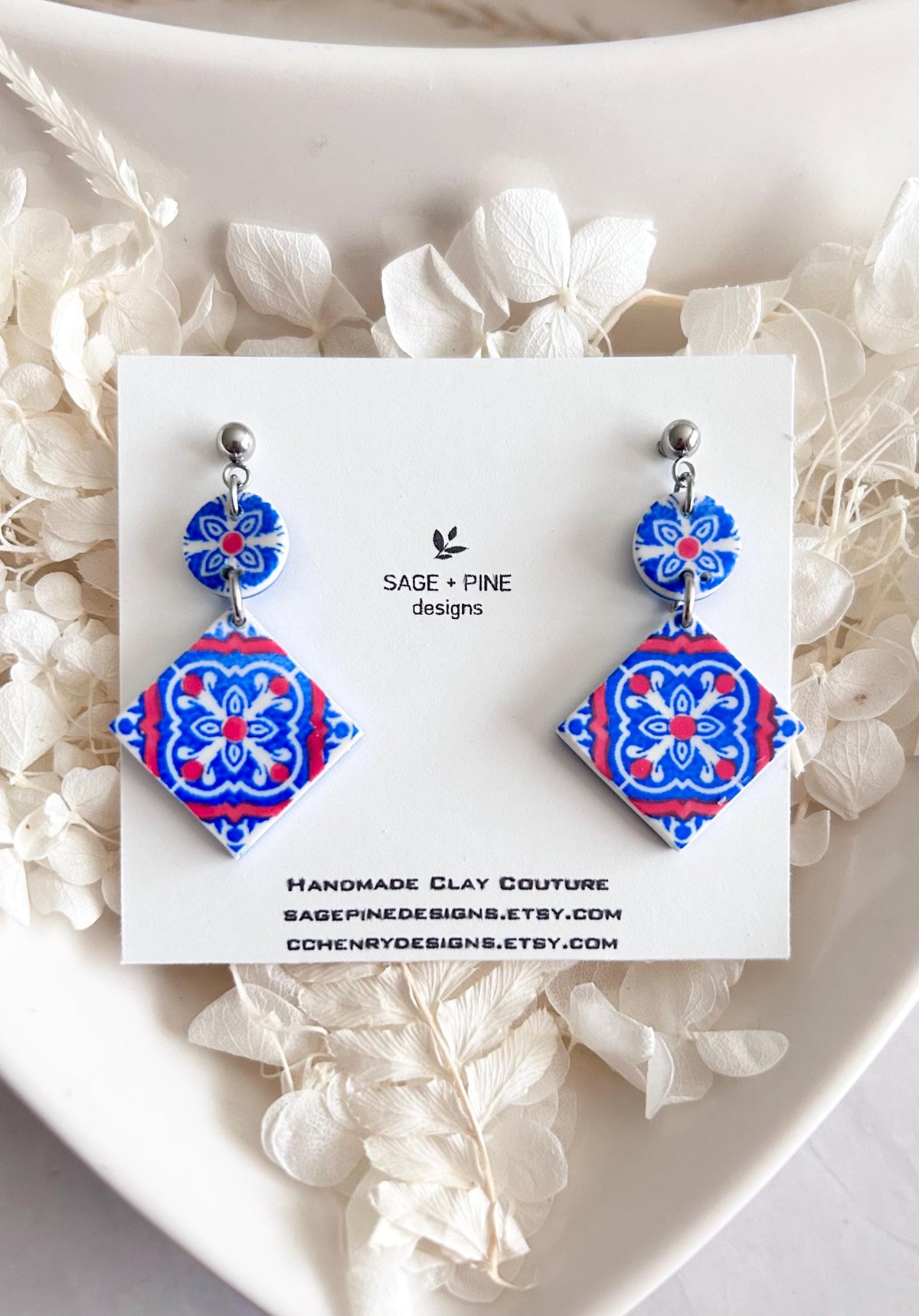 Cobalt Blue Tile 4th of July Earrings, Greek Dangles, Handmade Boho Clay Jewelry
