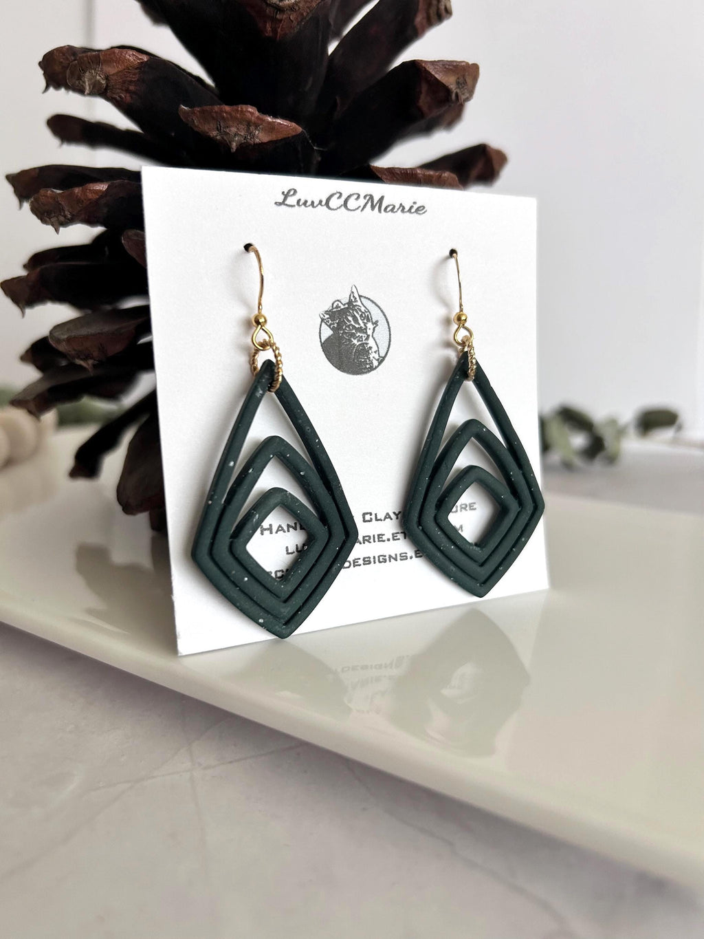 Dark Green Clay Earrings, Forest Dangles, Handmade Jewelry
