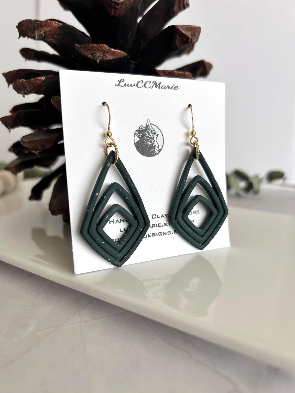 Dark Green Clay Earrings, Forest Dangles, Handmade Jewelry