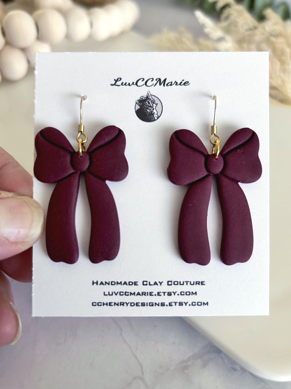 Dark Burgundy Bow Earrings, Fall Statement Hoop Dangles, Maroon Boho Clay Handmade Jewelry