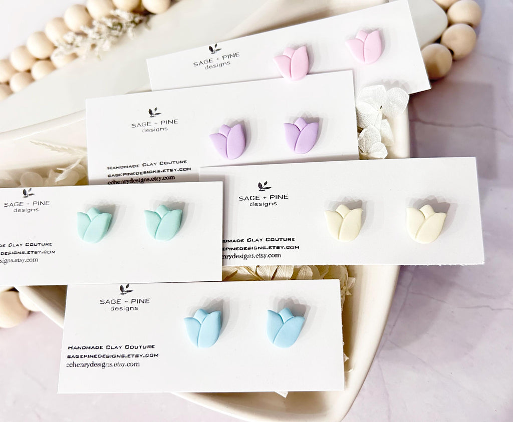 Blue Tulip Pastel Flower Studs, Boho Clay Floral Stud Earrings