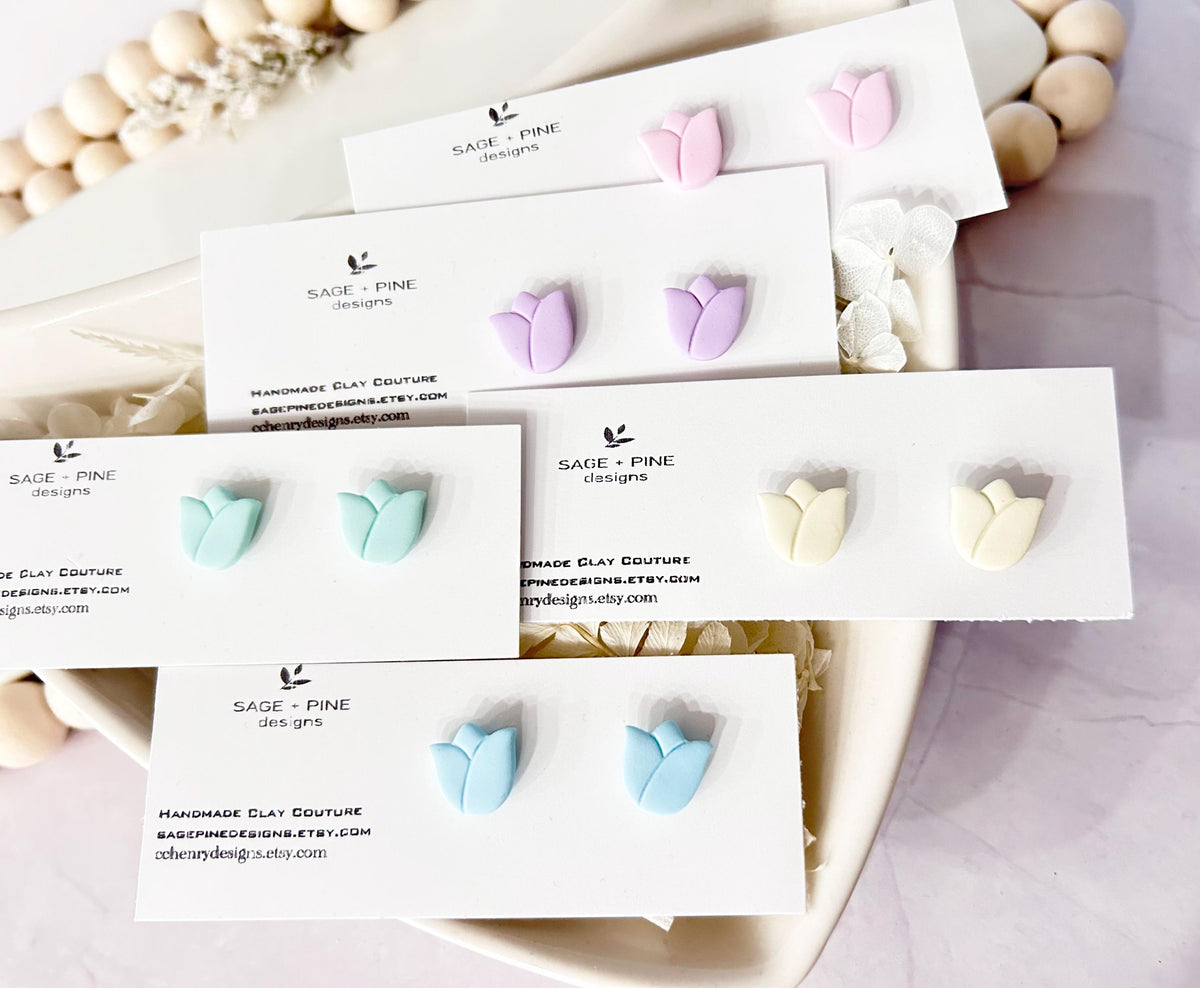 Blue Tulip Pastel Flower Studs, Boho Clay Floral Stud Earrings