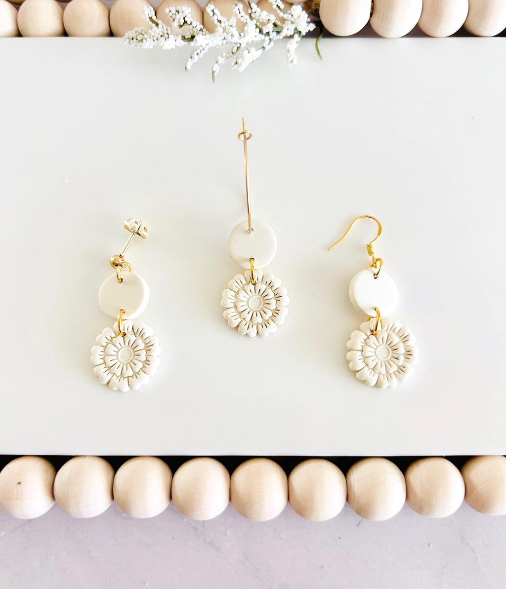 Creamy White Clay Earrings, Floral Embossed Drop Dangles, Handmade Fashion Boho Jewelry