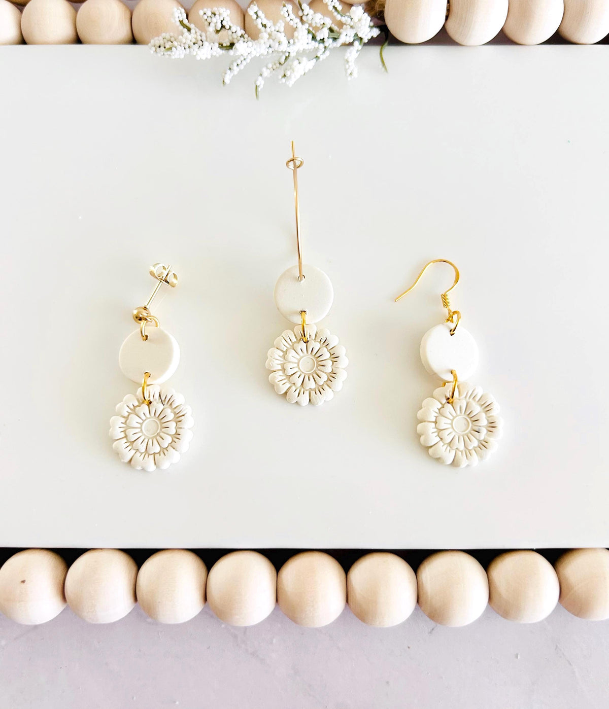 Creamy White Clay Earrings, Floral Embossed Drop Dangles, Handmade Fashion Boho Jewelry