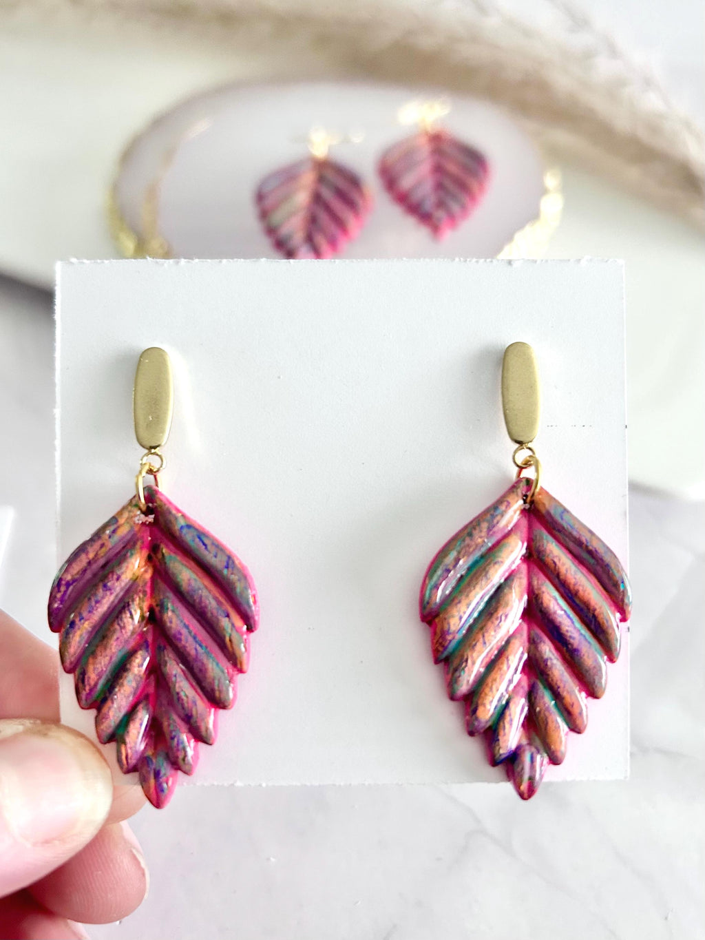 Hand Painted Leaf Earrings, 24k Gold Multicolor Earrings, Colorful Ceramic Clay Dangles, Hypoallergenic Clay Lightweight Jewelry