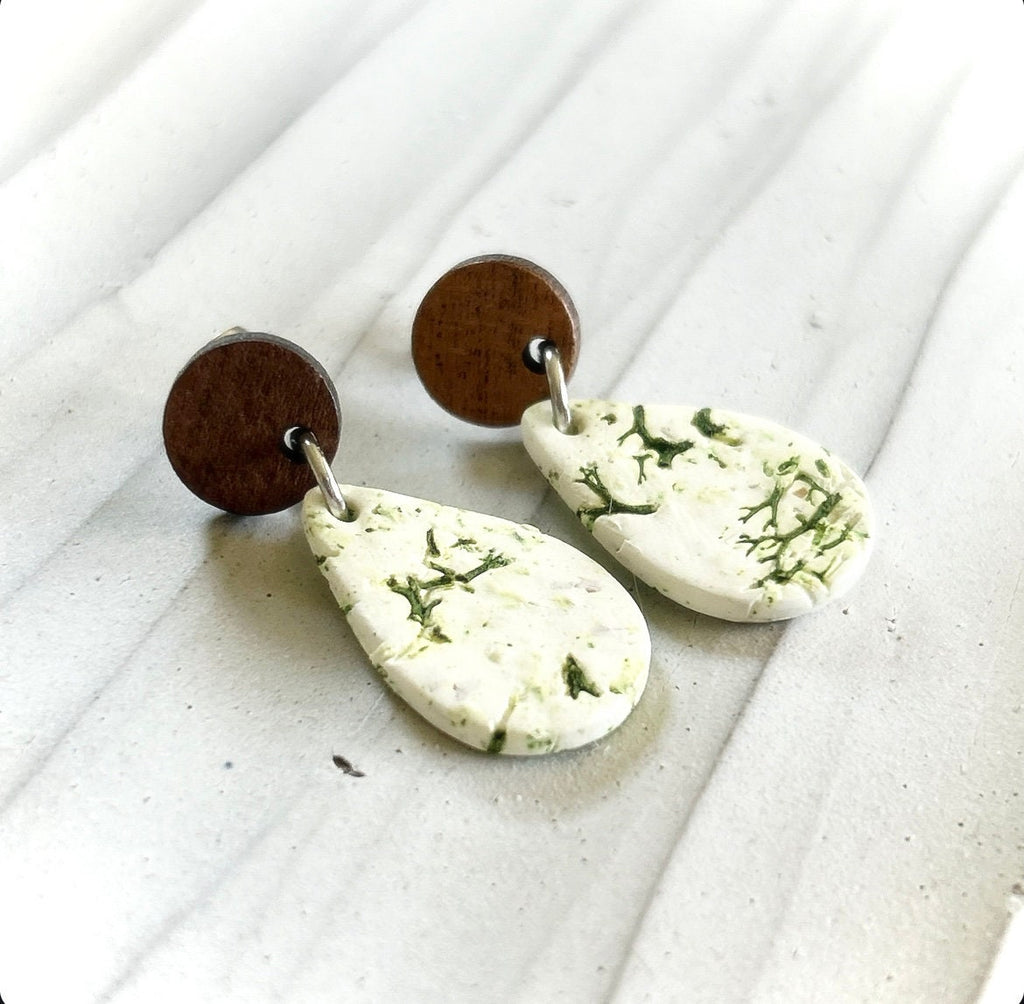 Nature Inspired Moss Earrings, Clay and Wood Drop Dangles, White and Green Lightweight Jewelry